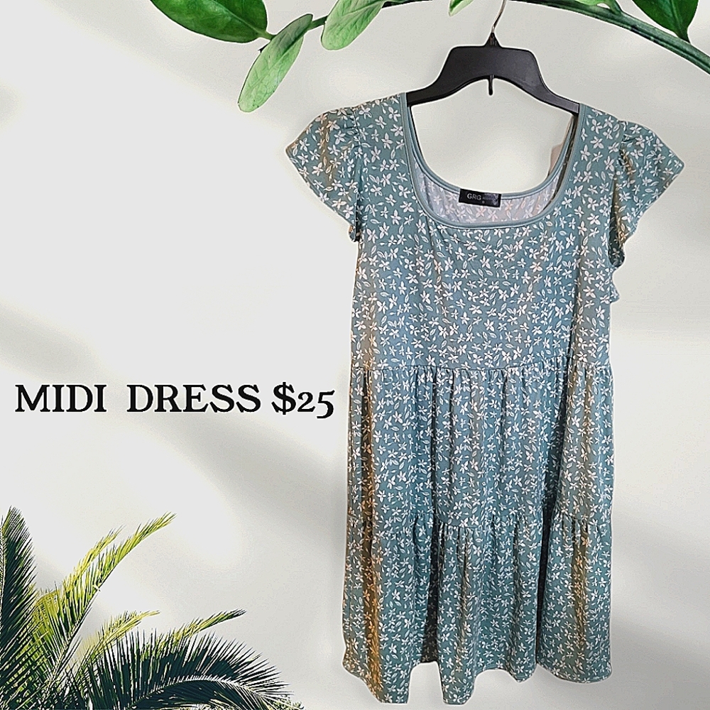 Sage Floral Ditsy Flutter Sleeve Tiered Midi Dress